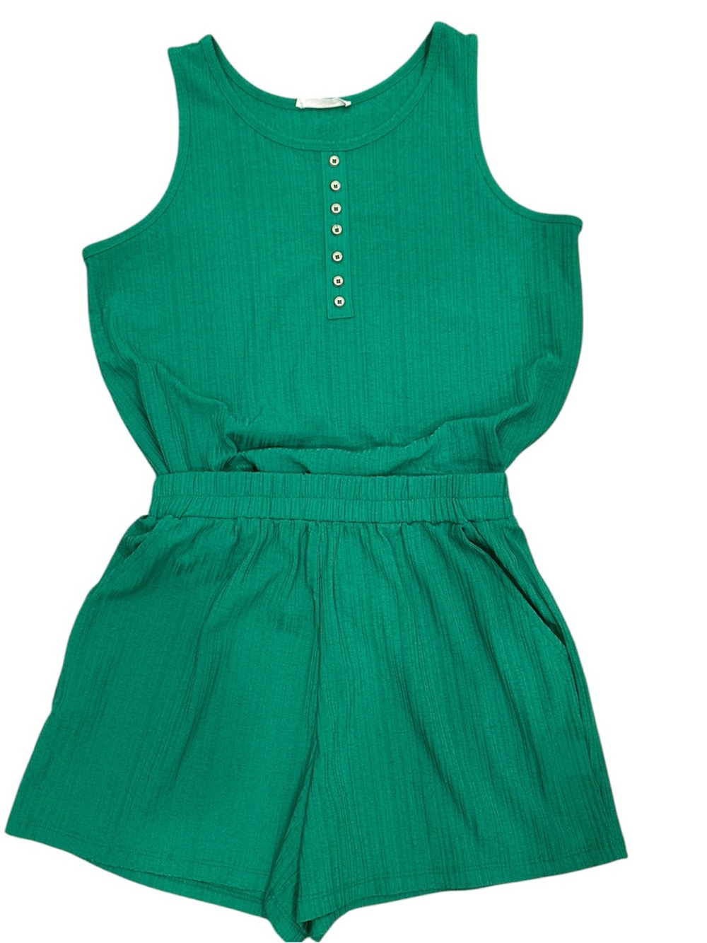 Ces Femme Green Ribbed Short Set Tank Top Pull On Shorts Summer Staple Sz M